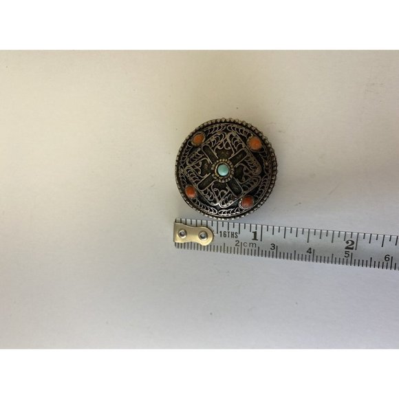 Tiny Tibetan Prayer Box 5 Gemstones Silver Filigree Intricate Design Round - Picture 6 of 6